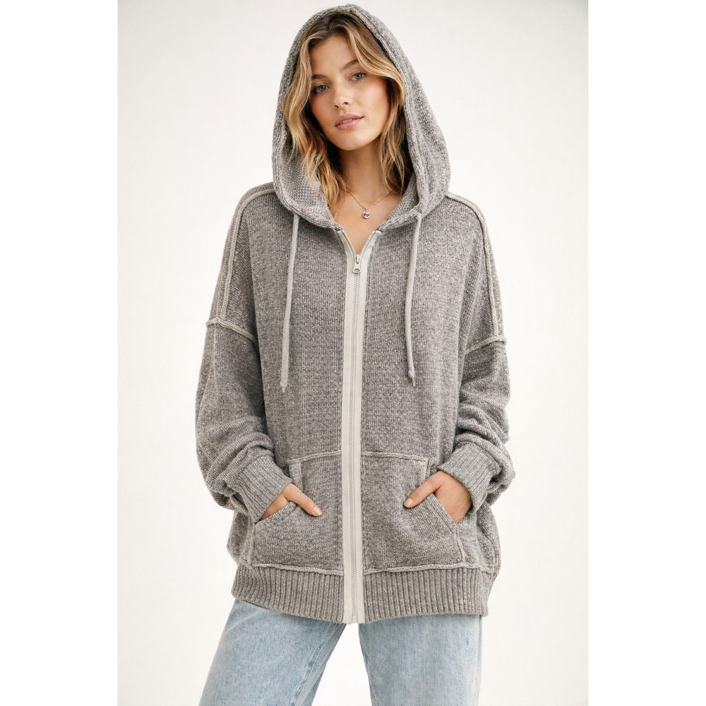 Free People FP‎ Grey Lagenlook Hoodie Cardigan Cottagecore  M Long Sleeve Jacket